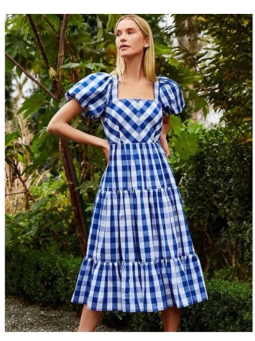 ANTONIO MELANI Blue and White Gingham Puff-Sleeve Midi Dress - Picture 1 of 6